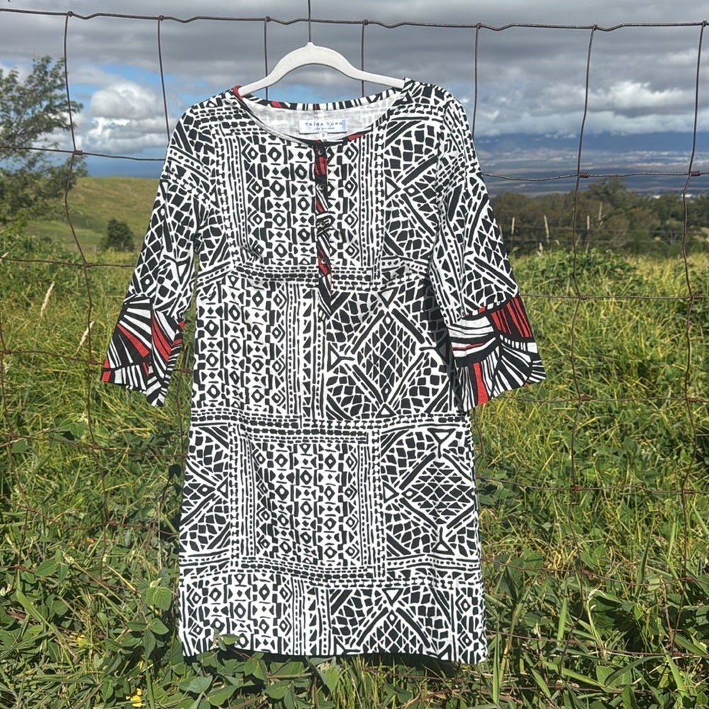 Trina Turk Shift Dress Black White 100% Cotton Lined 3/4 Sleeve Resortwear